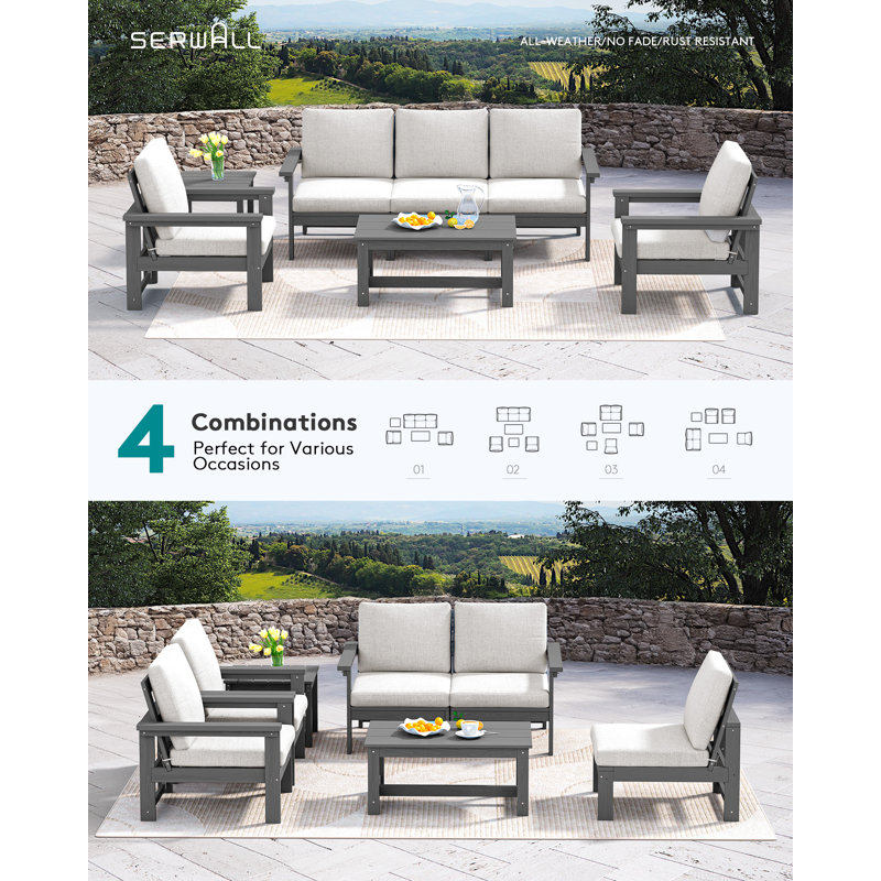 Reata HDPE 7 Piece Sofa Seating Group with Cushions, White, Gray