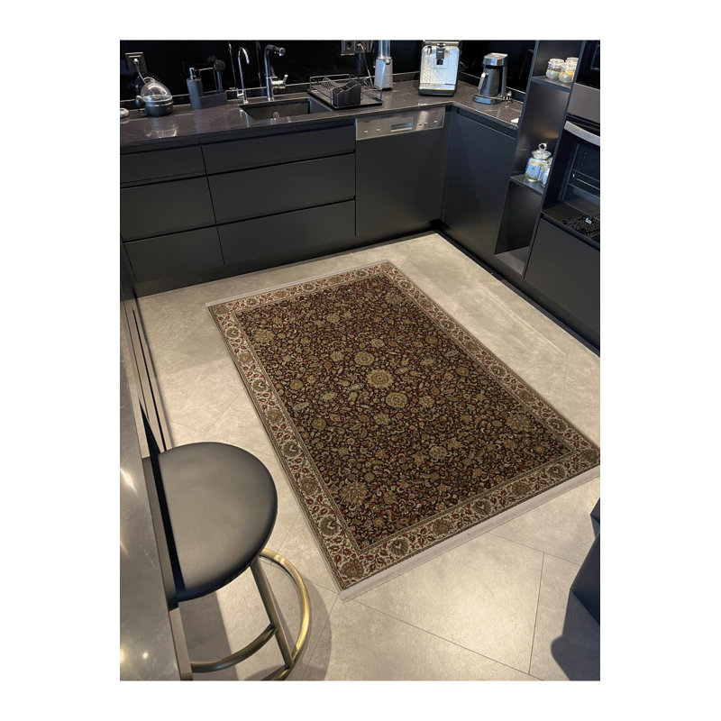 Tapis noir lavable à motif floral traditionnel, Sous-tapis rectangulaire 2 pi 4 po x 3 pi 11 po