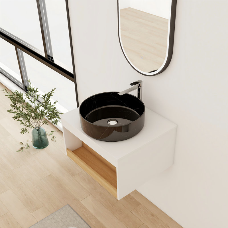 Meuble-lavabo simple 24 po avec lavabo vasque en céramique, Black with white patterns, 24"