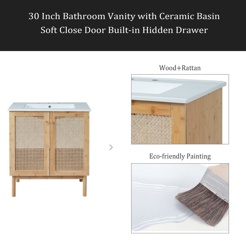 Meuble-lavabo de 30 pouces fabriqué à partir de matériaux naturels, avec des portes en rotin faites à la main et des mécanismes de fermeture en douceur