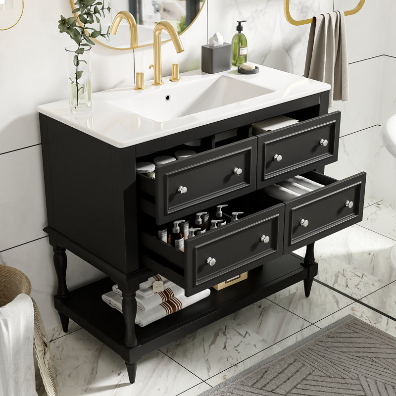 Ensemble de meuble-lavabo 36 po avec ensemble de meuble-lavabo, lavabo en céramique encastré, ensemble de meuble-lavabo autoportant avec 4 tiroirs, armoire de salle de bain avec cadre en bois massif, noir
