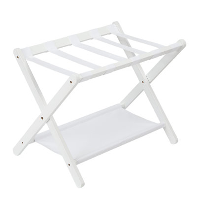 Porte-bagages pliable en bambou avec tablette de rangement à 2 niveaux, support de valise blanc avec sangles en toile, organisateur de voyage compact pour chambre, chambre d'amis et hôtel