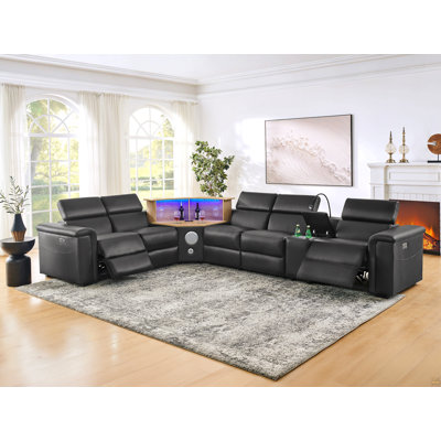 5-Seater Air Leather L-Shaped Powered Recliner Sofa Set With Motorized Lift Cabinet, Multi Functions Sectional Couch Blue Tooth Hifi Subwoofer Speakers, Colorful Ambient LED, Touch Lamp, Black
