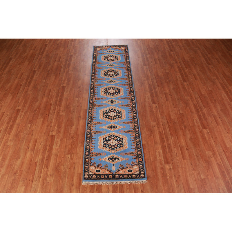 Tapis de couloir oriental bleu à motif géométrique traditionnel 3 x 10