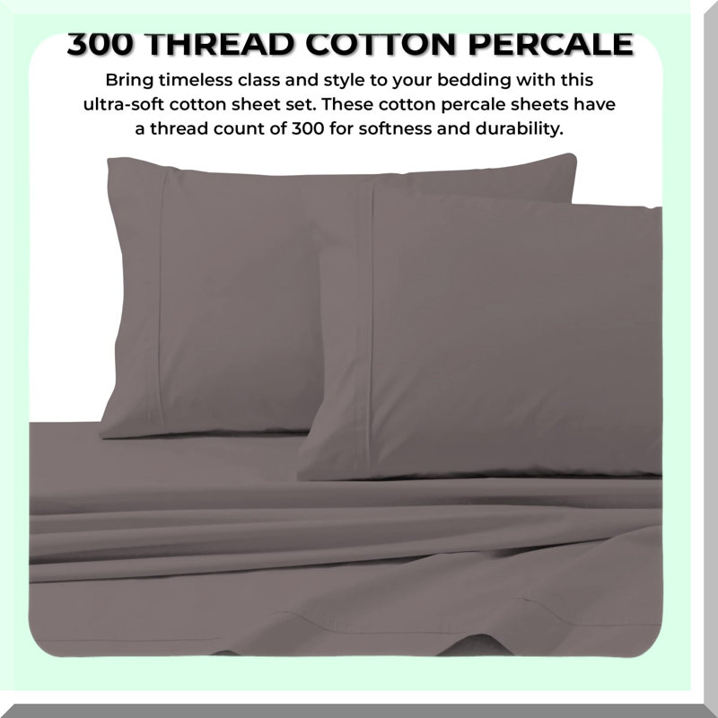 Cotton Percale Luxury Bedding Set - Twin Size, Crisp & Smooth Sheets, 300 TC, Deep Pocket, Grey, 3-Piece Solid Sheet & Pillowcase Set