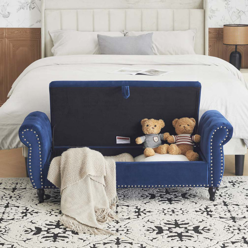 Banc de rangement en velours avec accoudoirs, Bleu marine antique