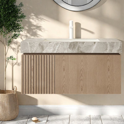 Meuble-lavabo moderne avec lavabo et comptoir en pierre frittée, grain de bois brun clair