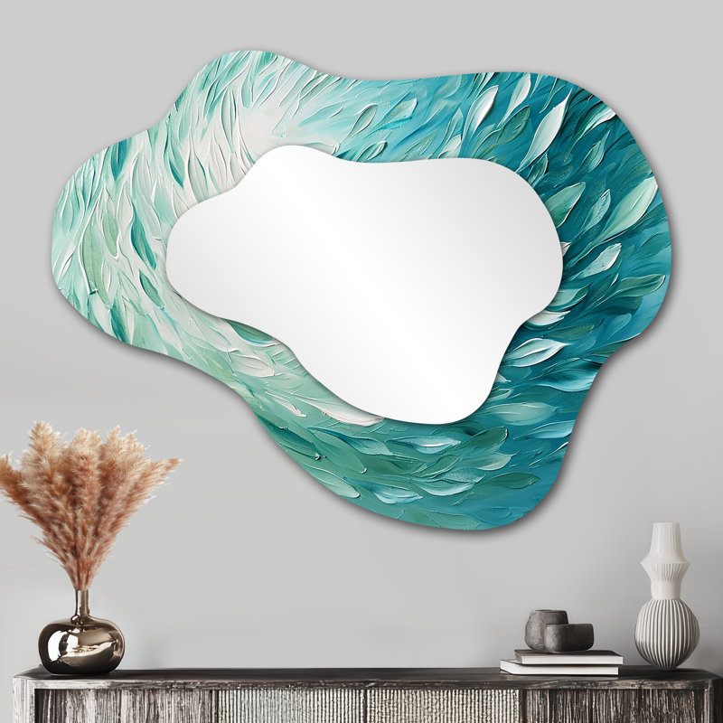 Venitra Green Turquoise Boho Feather Wave - Feathers Asymmetrical Decorative Mirror, Green Cloud Wall Mirror, Printed Metal Art