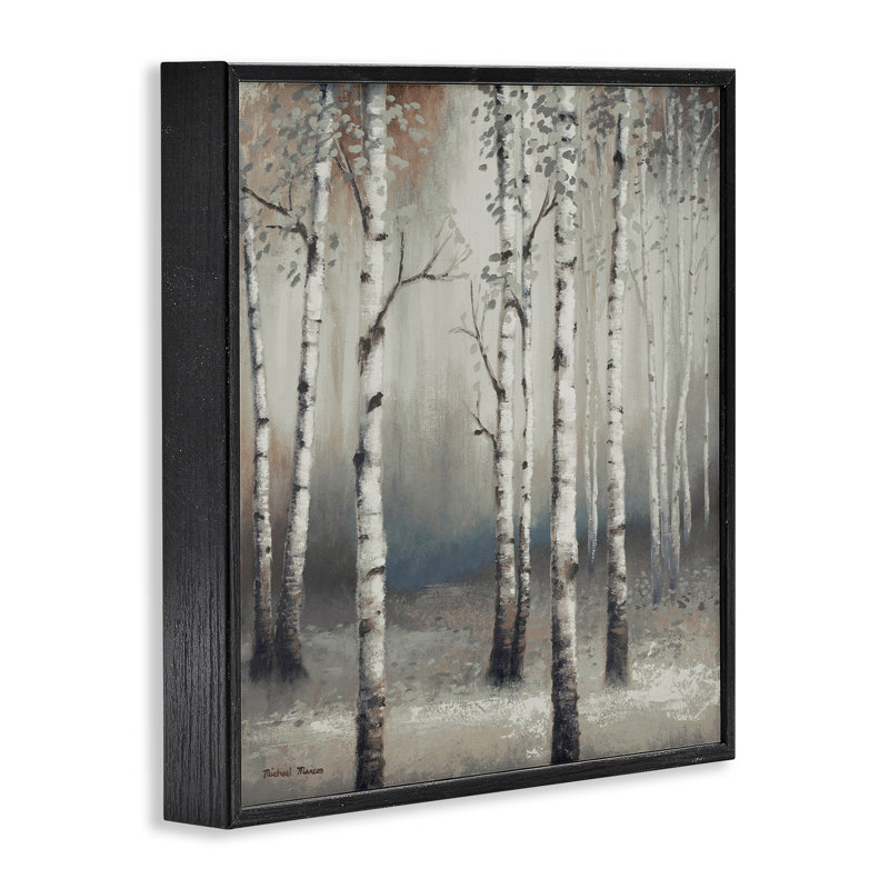 Birch Trees Misty Haze, scène de forêt grise - impression, H 17 po x l 17 po, Giclée encadrée noir minuit
