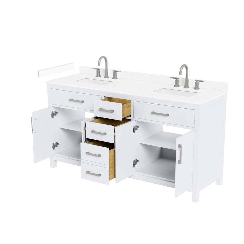 Ensemble de meuble-lavabo double 66 po Beckett, Noyer foncé avec bordure noir mat, Comptoir en marbre de culture blanc