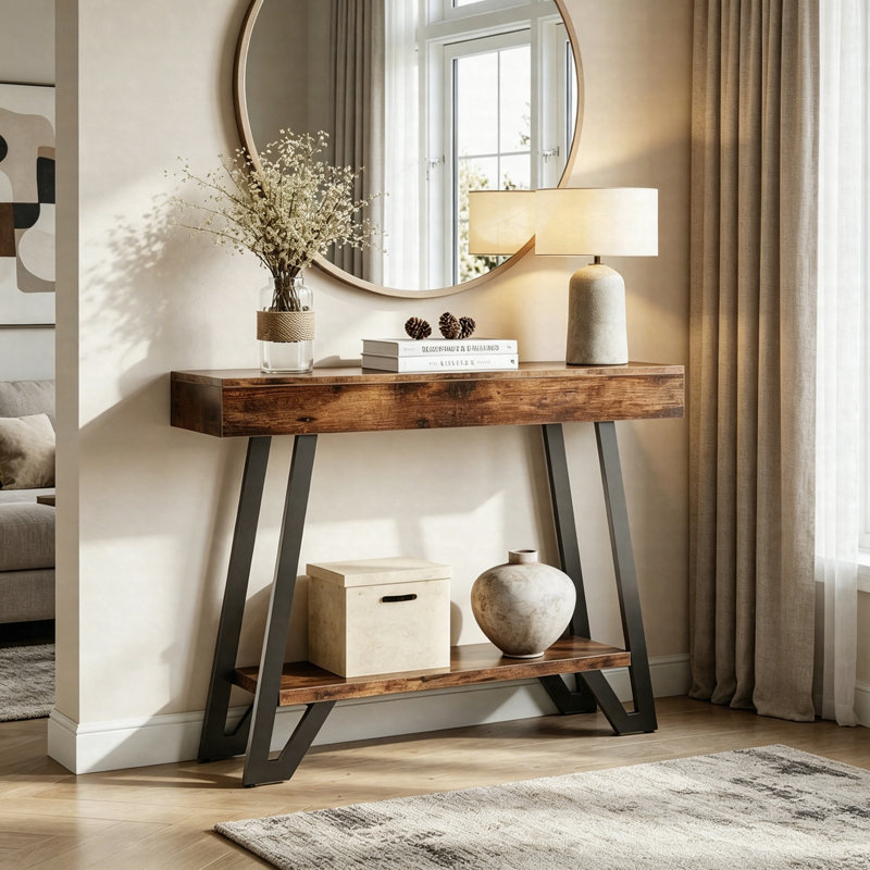 Console industrielle 41 po, canapé d'entrée à 2 niveaux avec structure en métal géométrique, table d'appoint rustique