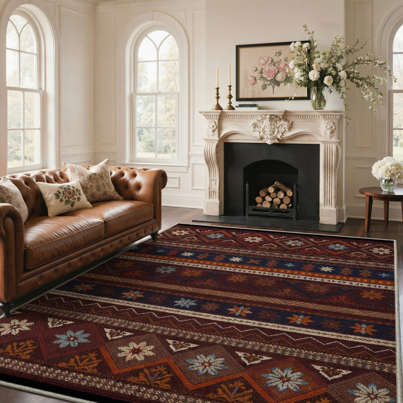 Geometric Floral Machine Washable Mink Brown Indoor Area Rug With Non-Slip Backing, Rectangle 9' x 12'