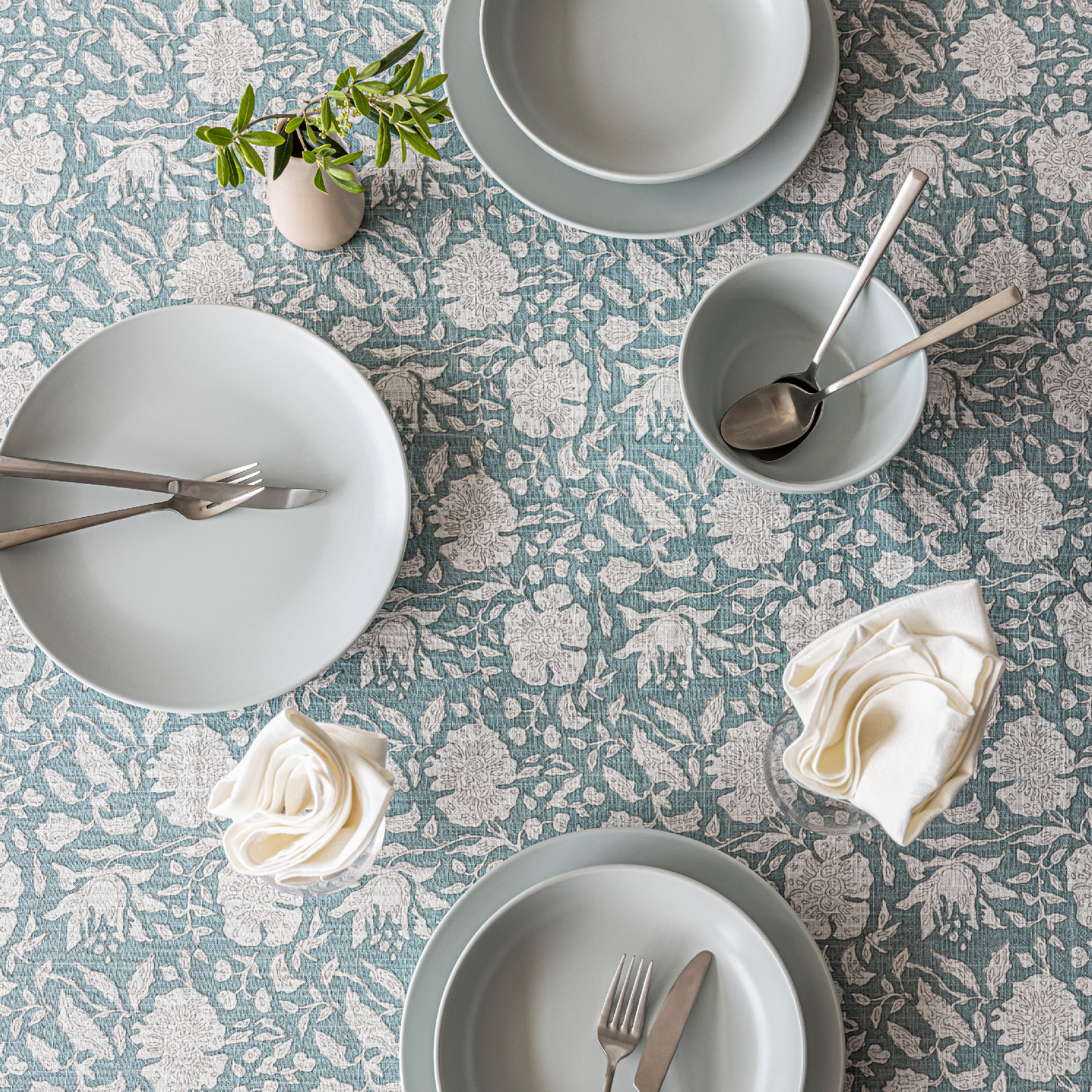 over&back Hand-Blocked Tablecloth, Blue Floral, 70" W x 108" L