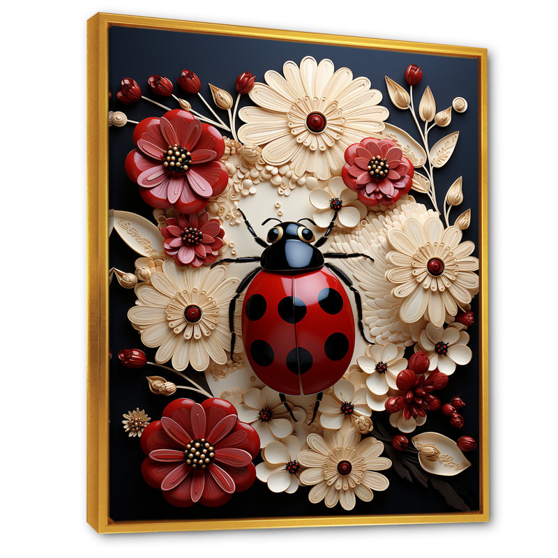 Décoration murale curieuse en papier mâché coccinelle - coccinelle, Cadre flottant doré, H 32 po x l 24 po x P 1 po