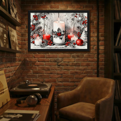 Christmas Christmas Candles Holly Berries Wood Background