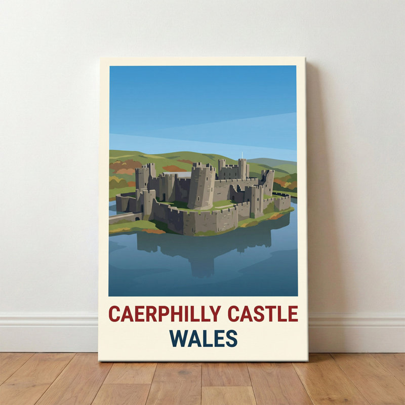 Caerphilly Castle, Wales - Romantic Retro Travel Poster Of Moated Medieval Fortress. Giclee Print On Wrapped Canvas. Wall Art, Home Decor - Castles & Palaces, Wales - Wrapped Canvas Print