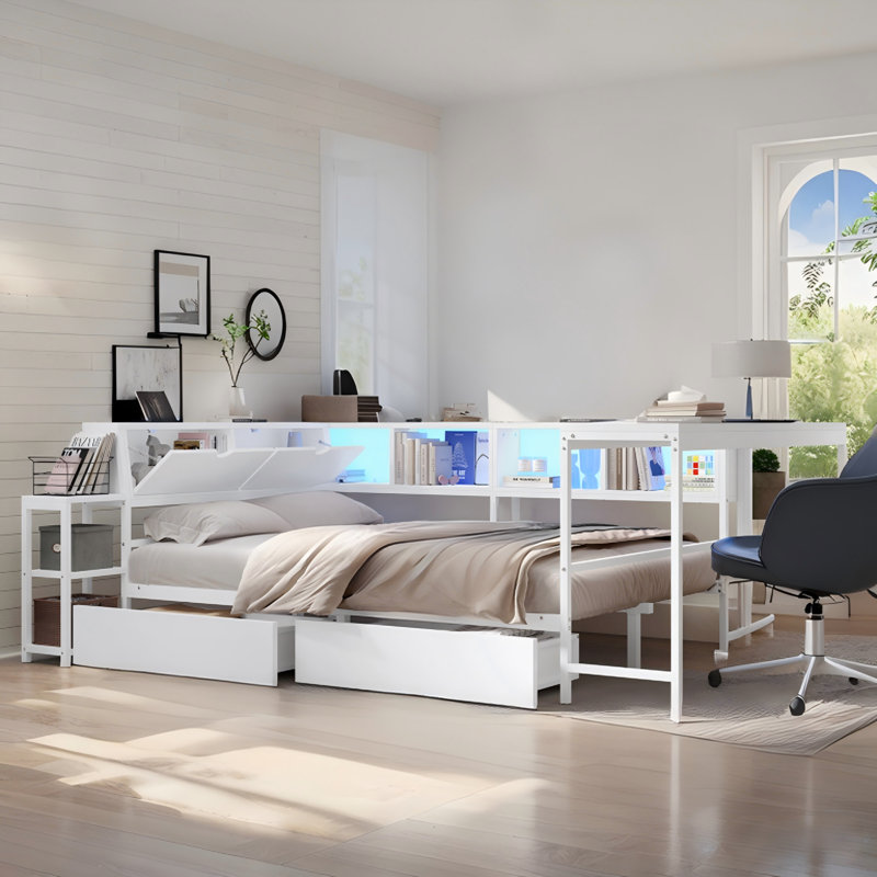 Corner Bed Frame With Bookcase And 2 Underbed Storage Drawers, Modern Reversible Daybed With Led Light And Charging Station