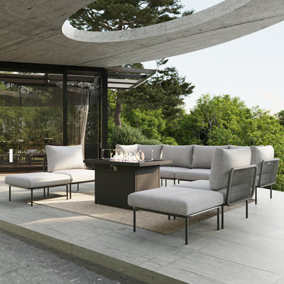 Ebern Designs 9 Pieces Aluminum Patio Furniture Set, Modern Modular Sectional Sofa with Fire Pit Table and Upgrade Thickness Cushion