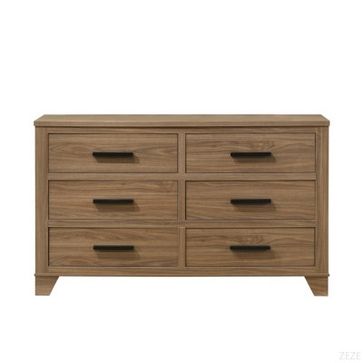 Commode avec miroir à six tiroirs couleur noyer et poignées noires