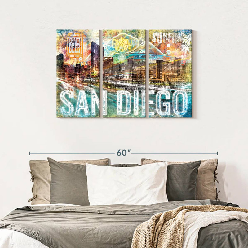 San Diego City Repères Grunge, impression sur toile 3 pièces, H 45 po x l 28 po x P 1,25 po