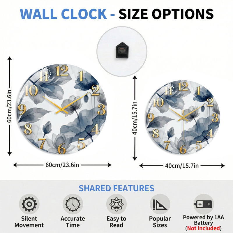 Floral Blue Modern Decorated Glass Wall Clock Home Decor Art-15.7", 40 x 40 cm (15,7 x 15,7 pouces)