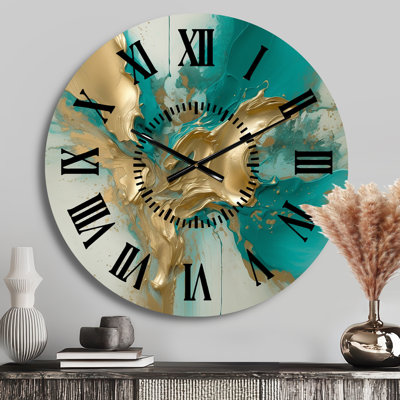 Gold And Turquoise Marble Fuild Ink II - Abstract Marble Black Face Wall Clock