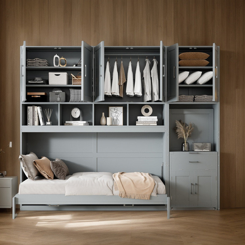 Lit escamotable peu encombrant avec garde-robe latérale et tiroirs de rangement, bureau