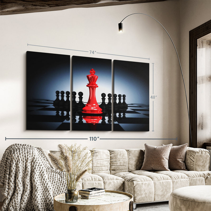 «Chess Red King», 3 pièces sur toile, H 48 po x l 74 po x P 1,25 po