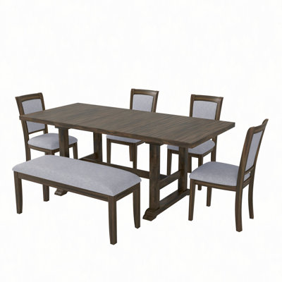 Ensemble de table de salle à manger à tréteaux extensible 6 pièces avec rallonge amovible, ensemble de table de cuisine avec chaise d'appoint rembourrée et banc 6 pièces