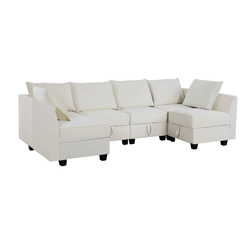 Canapé modulaire rembourré en lin 6 pièces Nacoma, Blanc