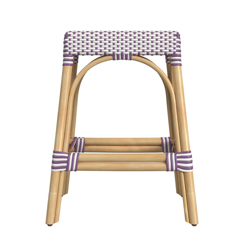 Tabouret de comptoir / de bar Lennart, Blanc / mauve / cadre en rotin naturel