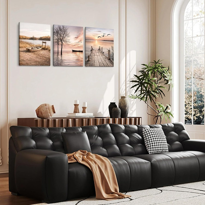 Set of 3 Lakeside Sunset Landscape Rustic Canvas Wall Decor for Living Room 16 × 20 inch (40 × 50 cm)