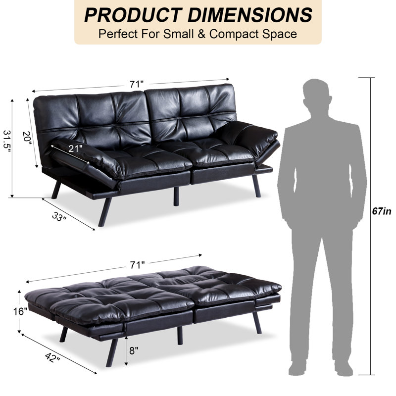 Oppelo 71'' Upholstered Convertible Sofa, Twin Sleeper Sofa Bed, Black Faux Leather
