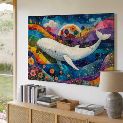 A Fantastical Vibrant Illustration Of A Large White Whale Swimming Through A Dreamlike Canvas Wall Art Premium Quality Ready To Hang