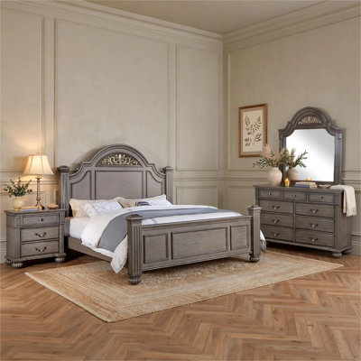 Ensemble de chambre avec grand lit 4 pièces Recus avec détails floraux sculptés, bois gris