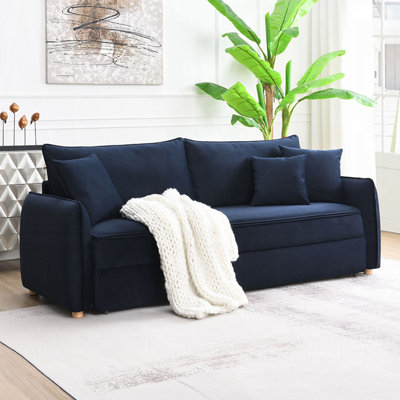 Velvet Upholstered Sofa With Pull-Out Sleeper Design In Blue