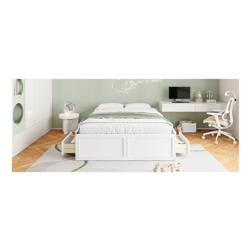 Structure de lit plateforme en bois grand format avec 6 tiroirs, blanc