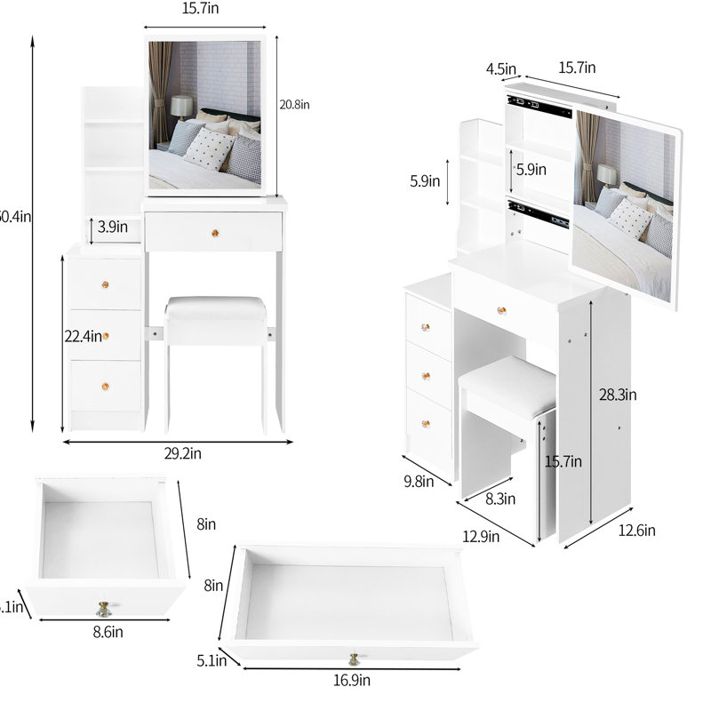 Compact Left Bedside Dresser Vanity Table, Comes With Cushioned Stool & Large Sliding Mirror, Multi-Layer Storage, Chic For Small Spaces, White Space- Cabinet Padded Big Fashionable Rooms