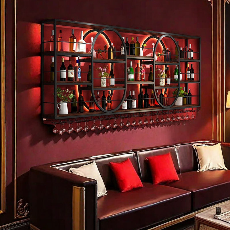 Support à vin léger mural rond de luxe, Noir, noir, noir, noir, H 47,2 po x l 110,2 po x P 7,8 po