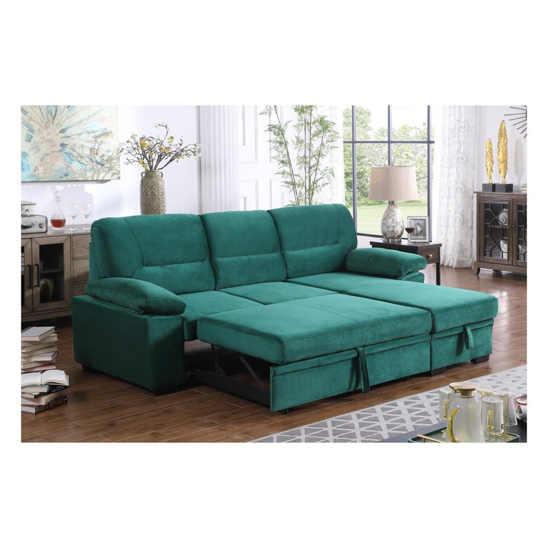 Canapé d'angle convertible réversible Kipling de 97,5 po en velours vert avec méridienne de rangement, Black Velvet, Green