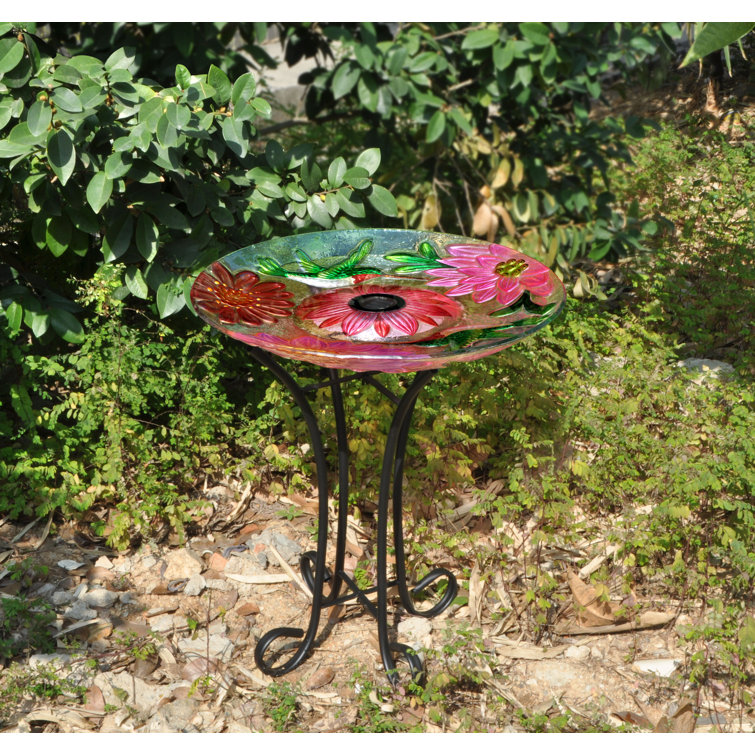 Floral Glass Hummingbird Solar Birdbath with Stand (( glass broken ))