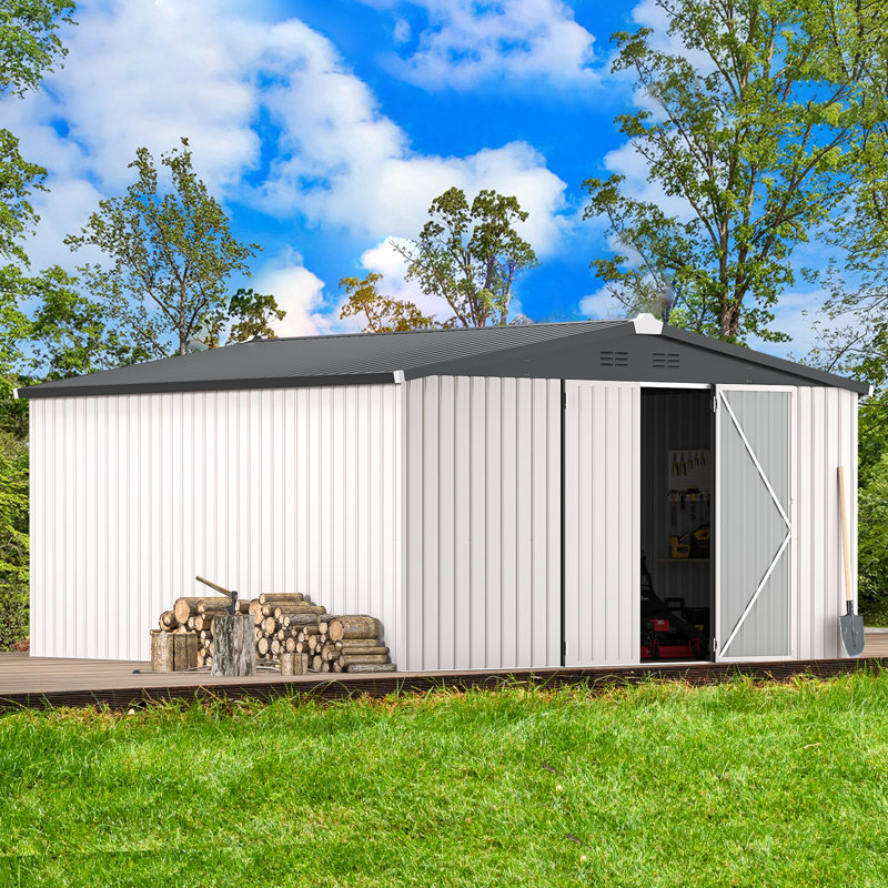 12' x 12' Metal Storage Shed  With Design Of Lockable Doors, White