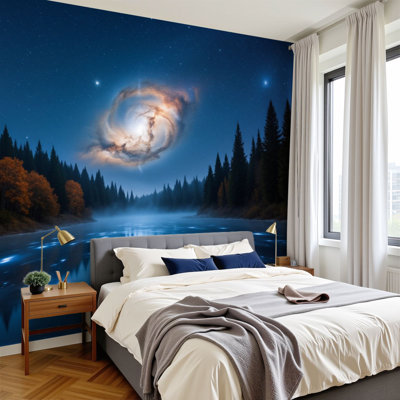 Papier peint adhésif peler et coller, ciel étoilé, forêt tranquille, reflets du lac, papier peint amovible en PVC, H 100 po x l 144 po, pour mur, chambre, bureau à domicile