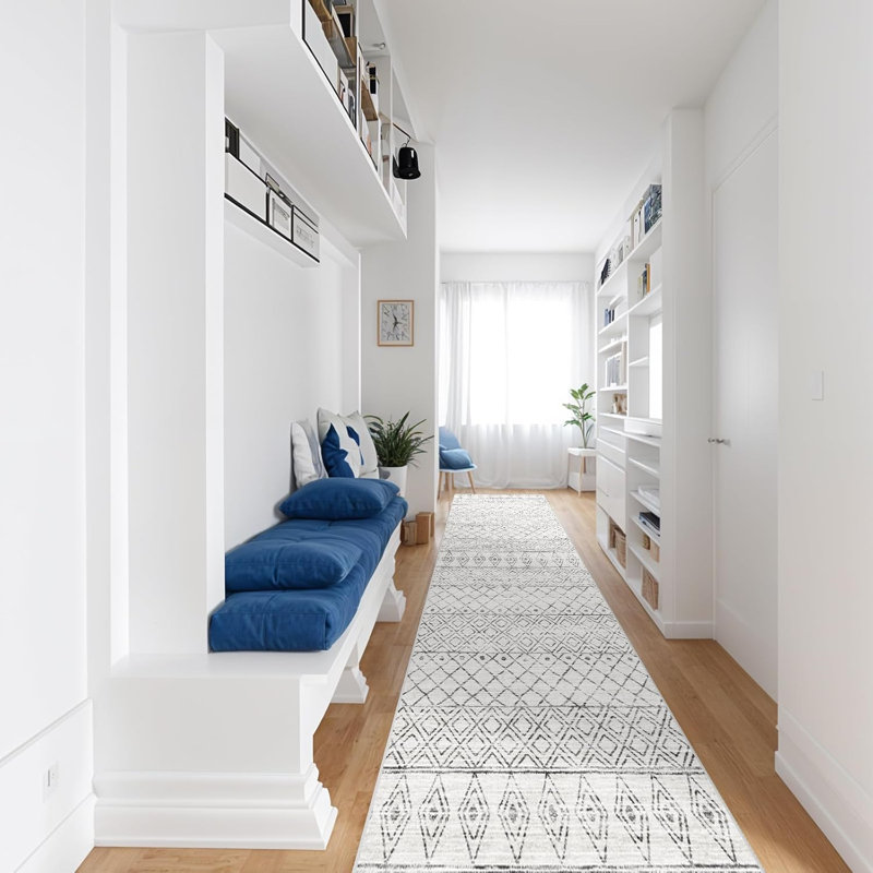 Entryway Rug Washable - Moroccan Small Area Rugs for Entryway Low Pile Indoor Mat Non Slip with Rubber Backing Thin Area Rug Pet Friendly for Front Door Kitchen Bedroom Geo Grey