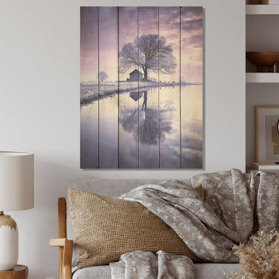 Winter Landscape Purple By The Lake I - Winter Landscape Wood Wall Art On Natural Pine Wood