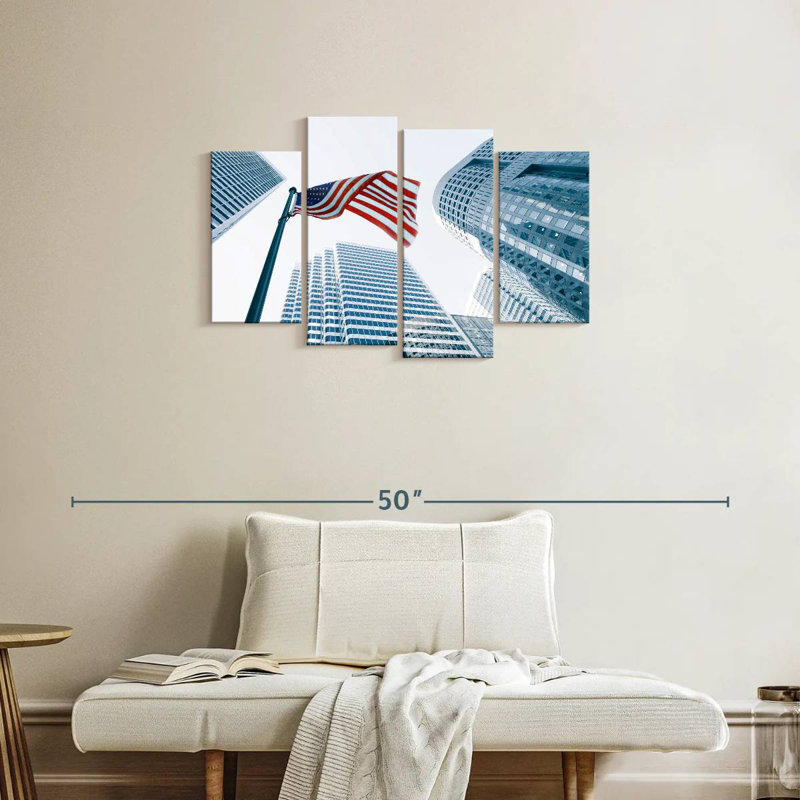 Borges Buildings And American Flag, 22" H x 36" W