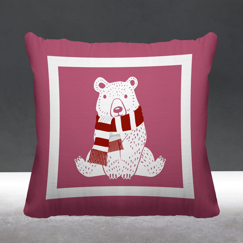 Coussin intérieur / extérieur Folk Christmas Bear, L 19 po x H 19 po, Rose