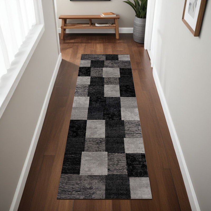 Tapis de couloir géométrique 8 pi gris et noir