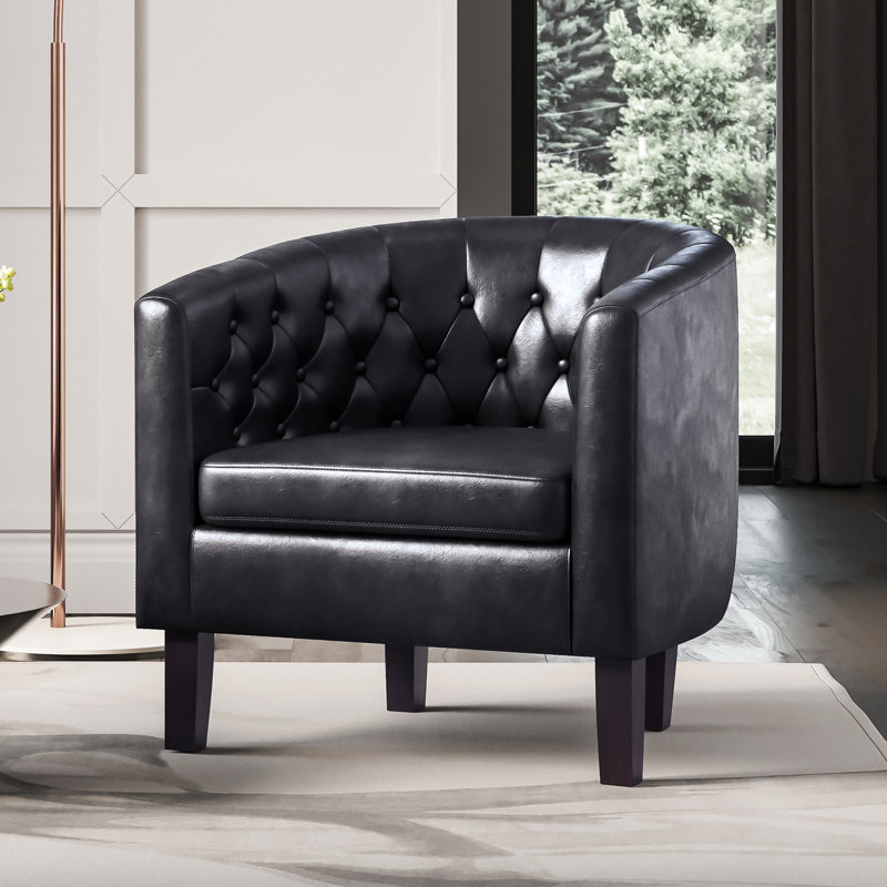 Zeniyah 28.25 Wide Faux Leather Barrel Chair, Black Faux Leather