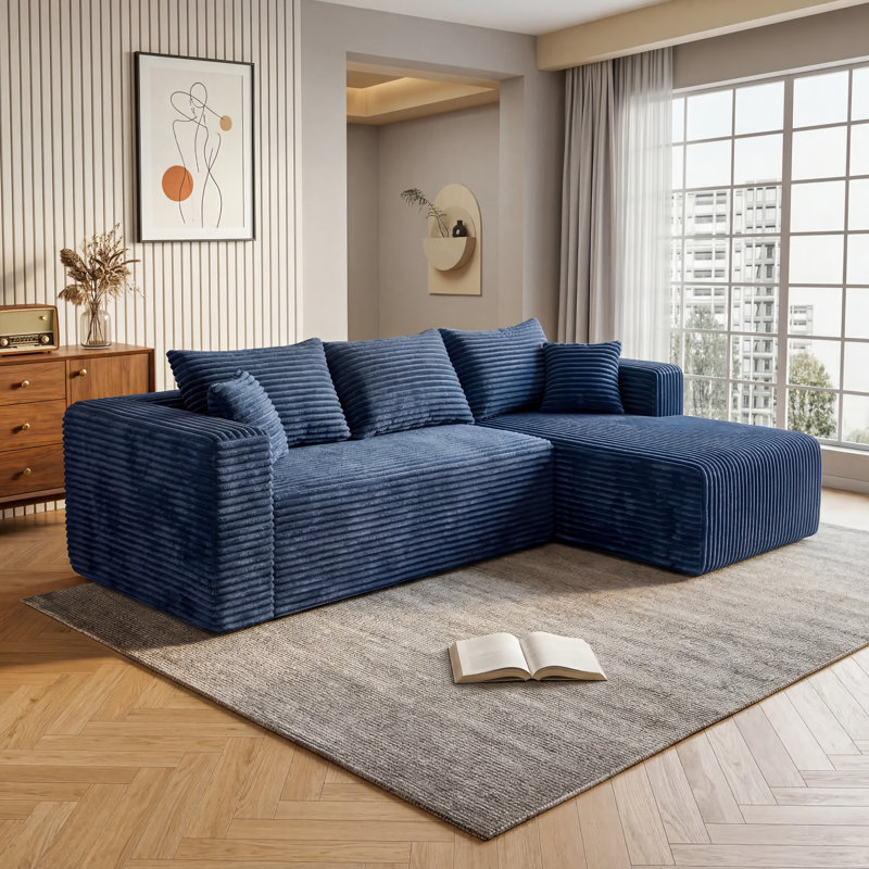 Canapé d'angle modulaire en flanelle de 276 cm (108,66 po), enroulable en 2 pièces avec 5 coussins, aucun assemblage requis, bleu